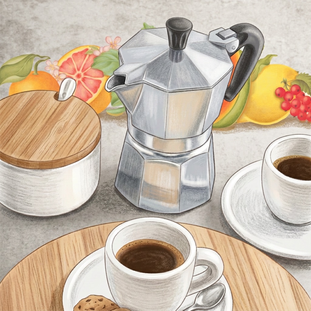 Illustration of a Bialetti Moka Express with espresso cups and fresh fruit